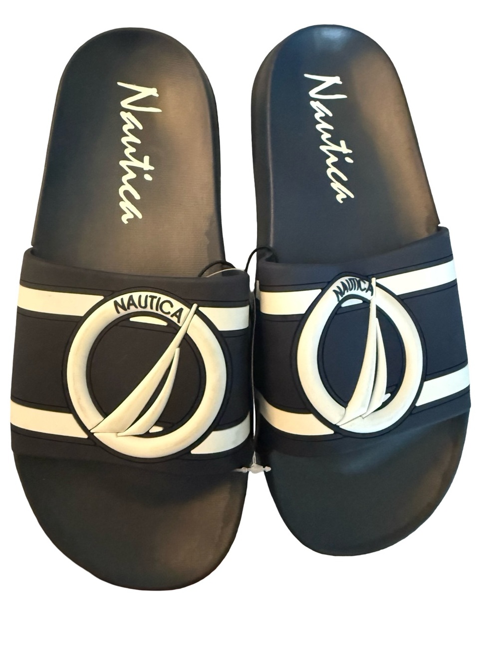 Nautica Women's Navy and White Slide Sandals with Sail Emblem